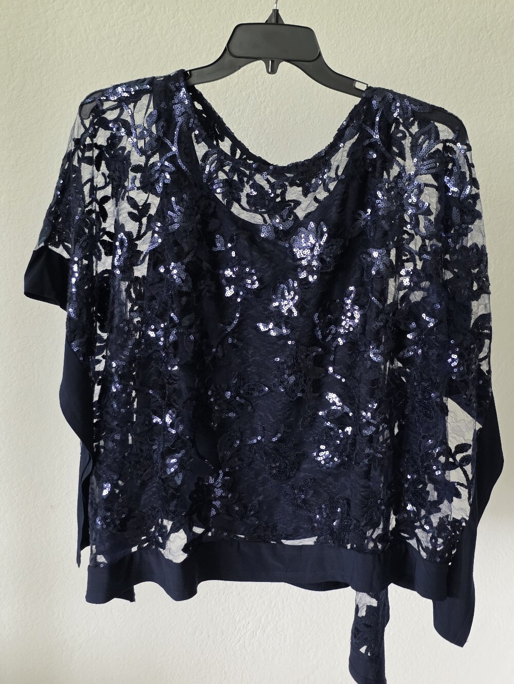 R&M Richards Navy Blue Sequin Lace Cape Overlay Blouse Top Size 16 Evening